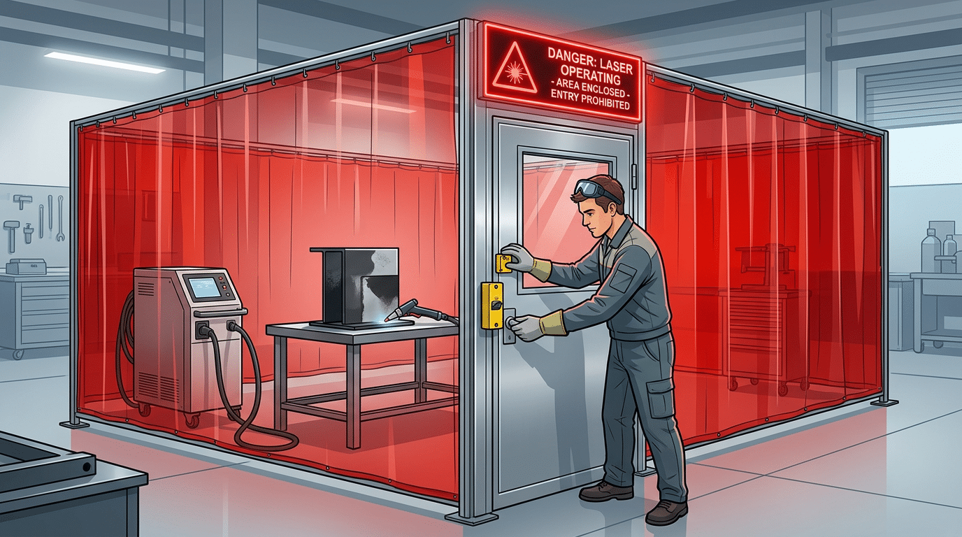 Controlled access zone with warning signage and door interlocks for pulse laser cleaner operation