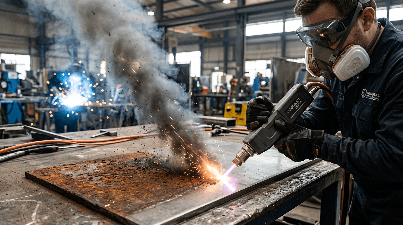 Pulse laser cleaner operator training scenario showing beam ablation, fume generation, and proper PPE usage