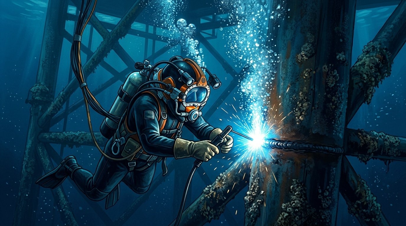 underwater welding techniques demonstrated by diver performing SMAW on offshore platform