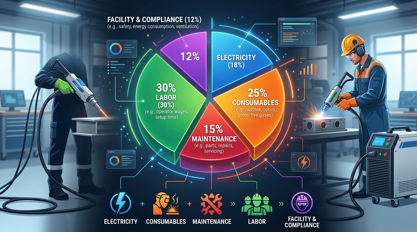 CW laser cleaner cost per hour operating cost breakdown pie chart showing five hidden expense categories