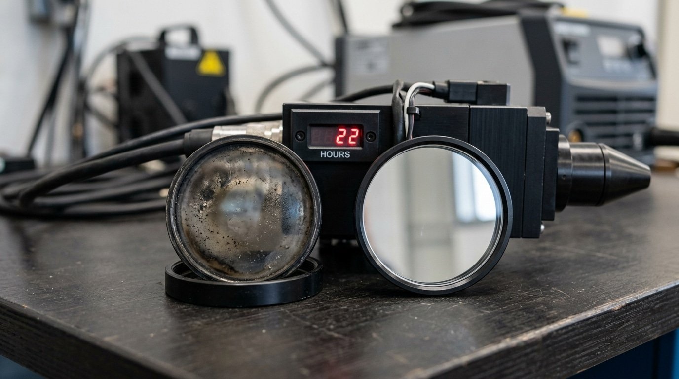 Worn protective cover lens from CW laser cleaner next to new replacement lens showing consumable wear impact on operating cost