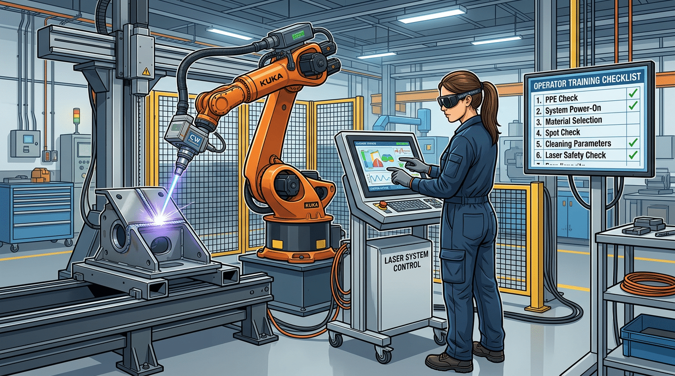 CW laser cleaner operator training and safety setup in industrial facility