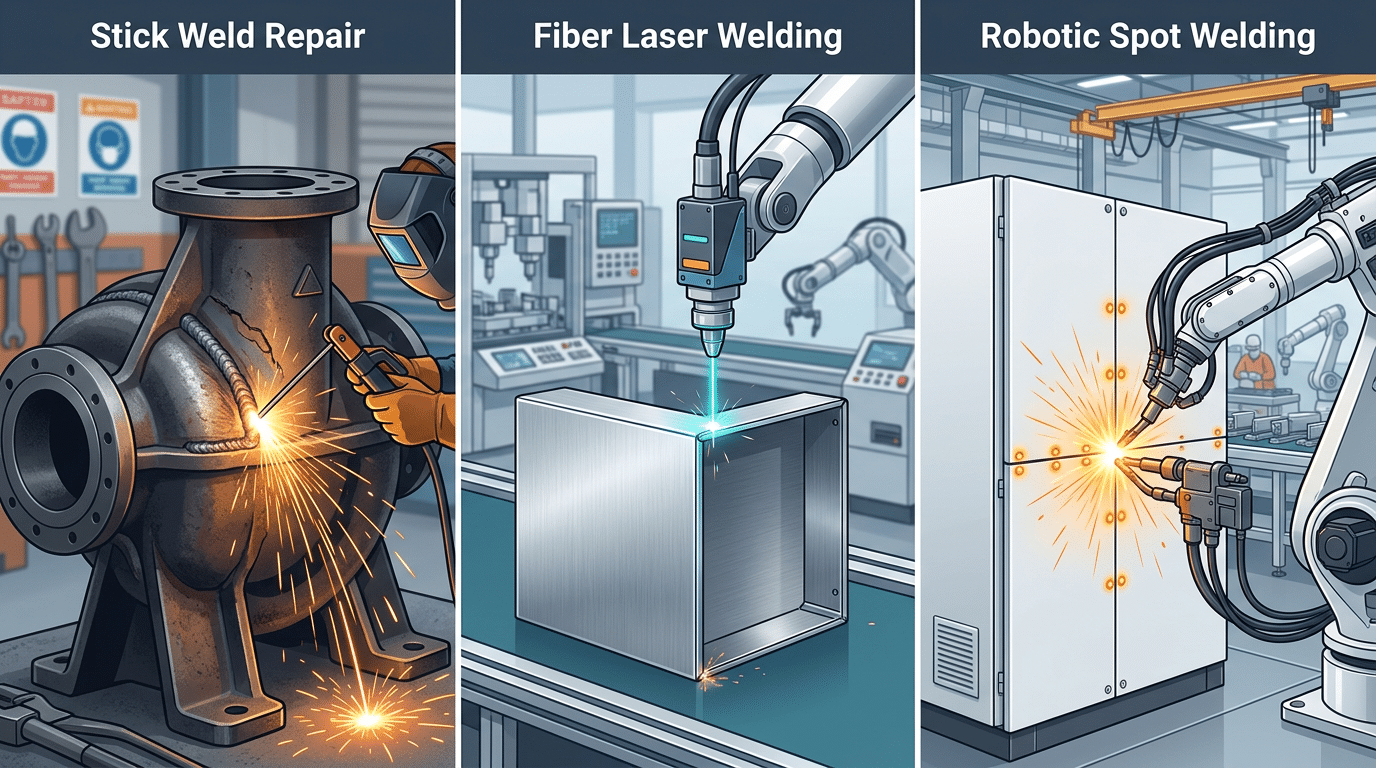 Stick laser and spot metal casing welding techniques compared on different casing types