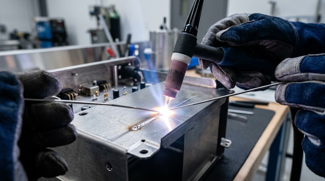 TIG welding thin stainless steel metal casing with filler rod and argon shielding