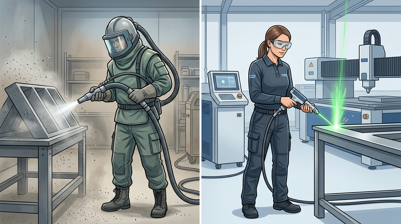 PPE comparison between sandblasting and fiber laser cleaning technology safety requirements