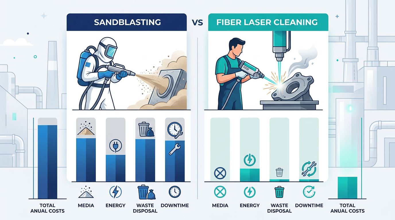 fiber laser cleaning vs sandblasting annual operating cost comparison chart