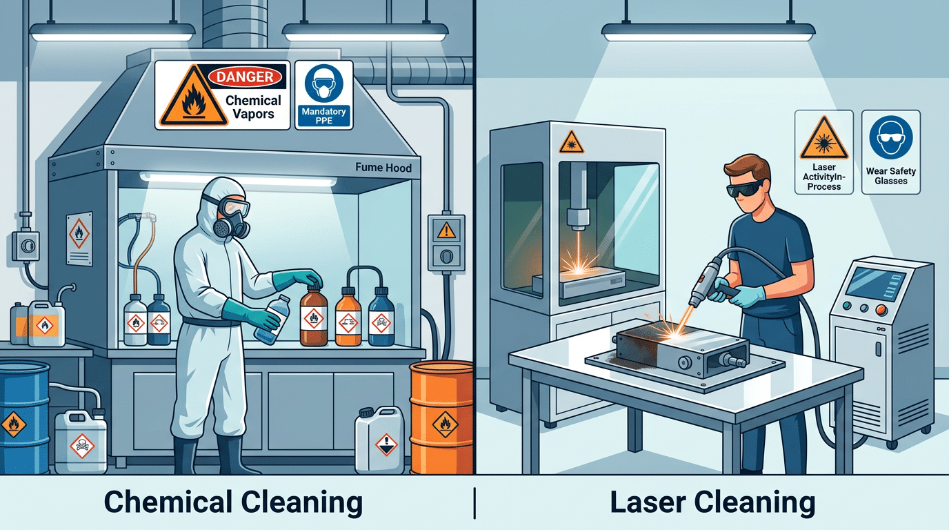 Workplace safety comparison pulse laser cleaner vs chemical cleaning showing PPE and ventilation differences