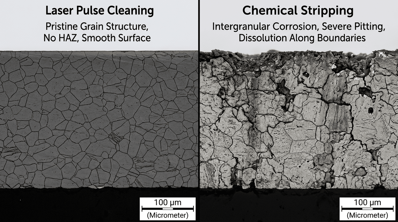 Pulse laser cleaner vs chemical cleaning substrate damage comparison showing zero microstructure change from laser ablation versus intergranular corrosion from acid stripping