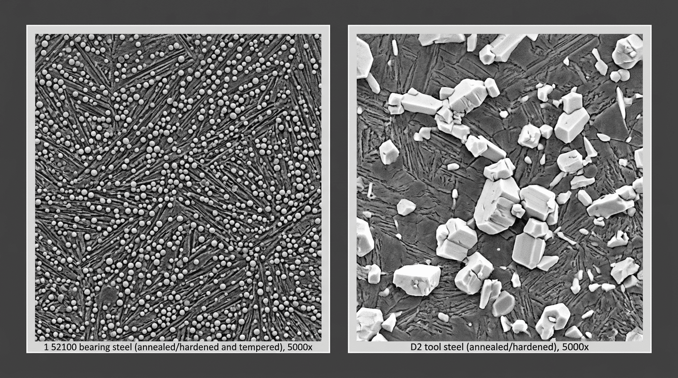 52100 steel microstructure showing fine spheroidized carbides versus D2 coarse carbides