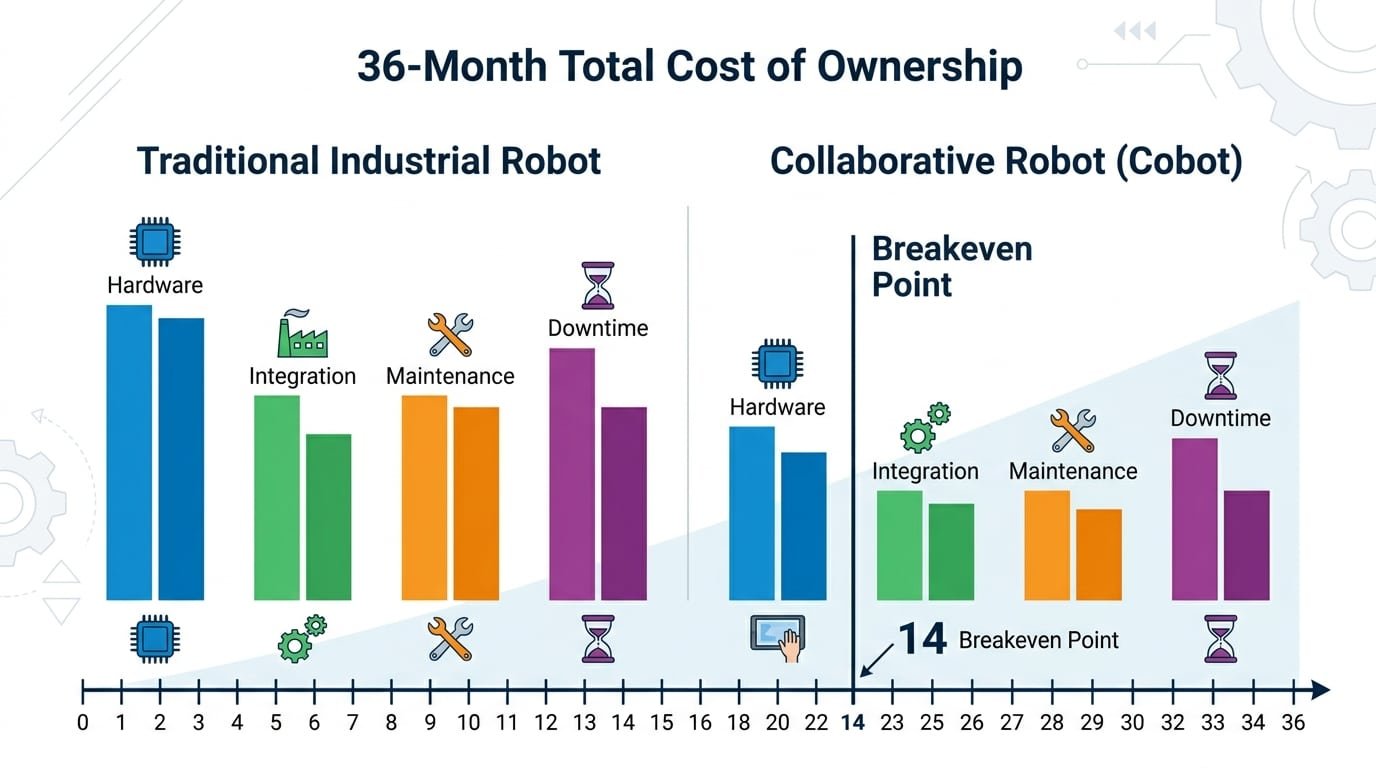 cobot total cost of ownership comparison chart showing faster ROI versus traditional industrial robot