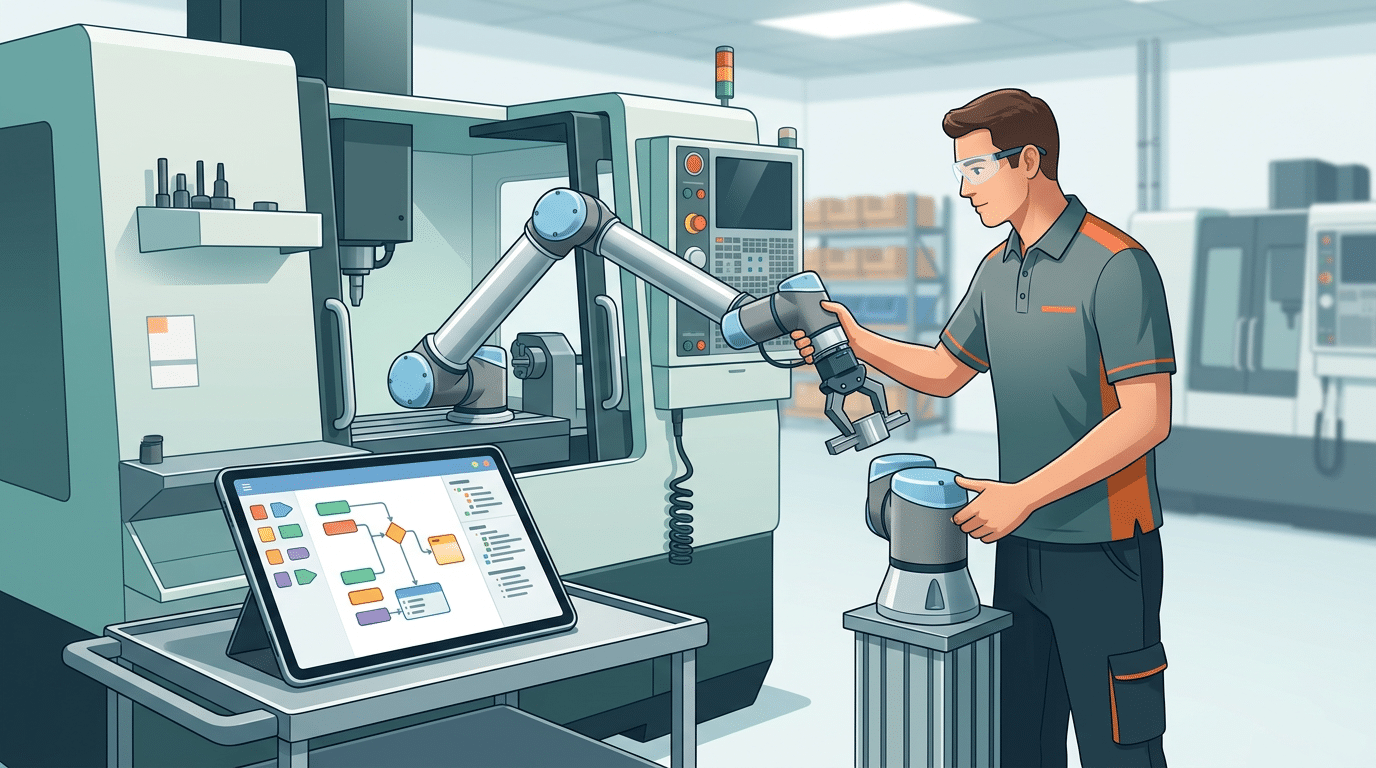 Operator hand-guiding a cobot for fast deployment and easy programming in a high-mix production environment