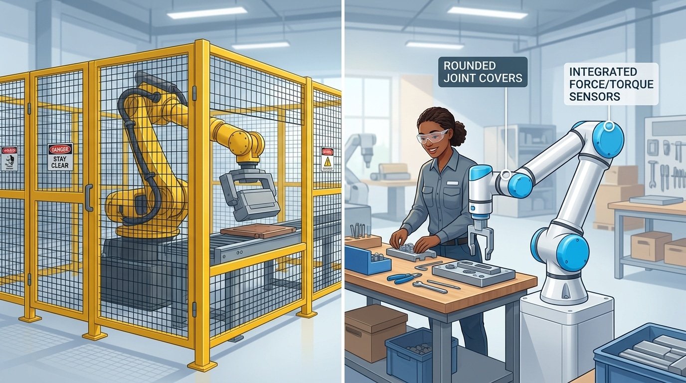Cobot vs traditional industrial robot showing safety cage differences and force-limiting sensor design