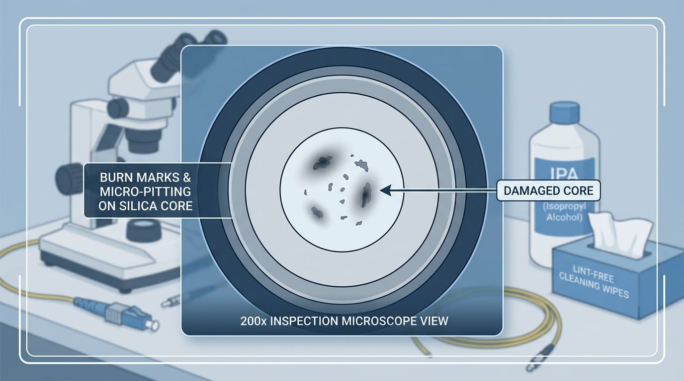 Fiber optic connector end-face inspection for pulse laser cleaner troubleshooting signal loss