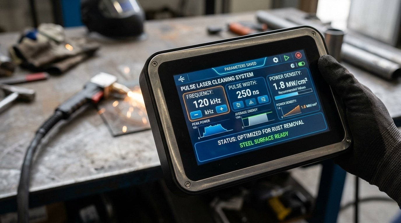 Pulse laser cleaner parameter settings screen showing frequency and pulse width adjustment for troubleshooting weak output