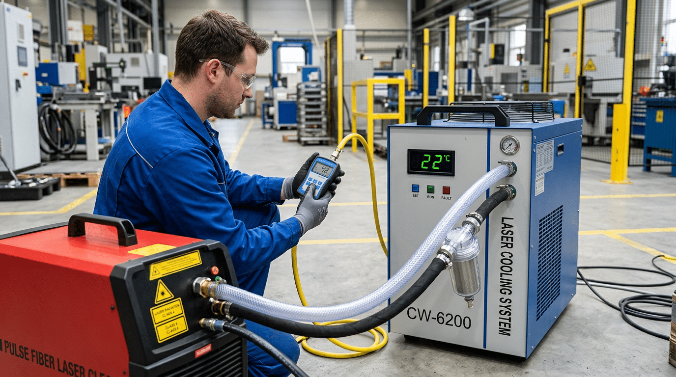 Water chiller connected to pulse laser cleaner with technician checking coolant flow rate during overheating troubleshooting