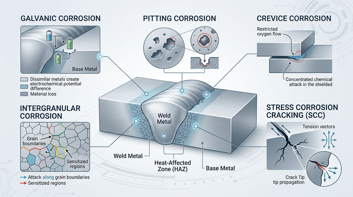 Five primary types of corrosion of welded joints illustrated on a weld cross-section diagram