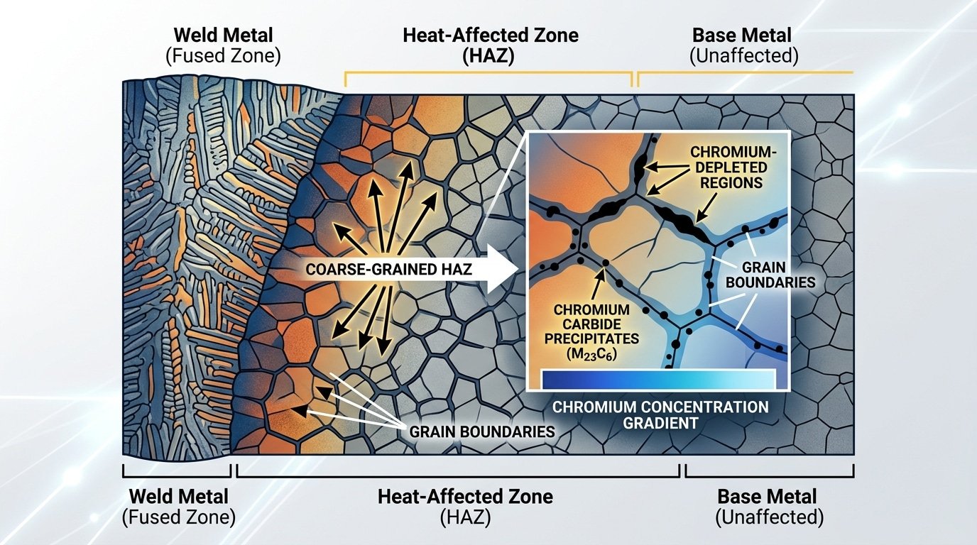Intergranular corrosion of welded joints showing sensitized grain boundaries in stainless steel HAZ