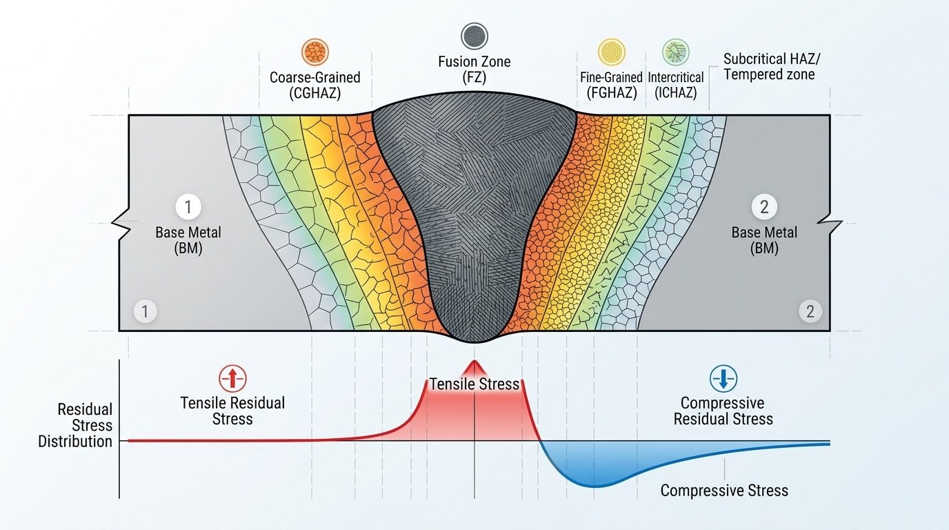 Corrosion of welded joints diagram showing fusion zone, heat-affected zone, and base metal microstructural differences