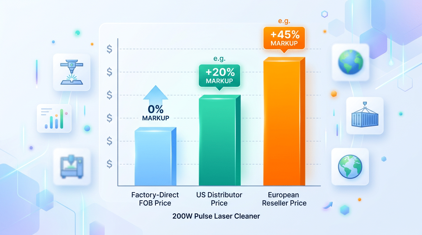 Price comparison chart showing factory-direct vs distributor vs reseller costs for pulse laser cleaner from China