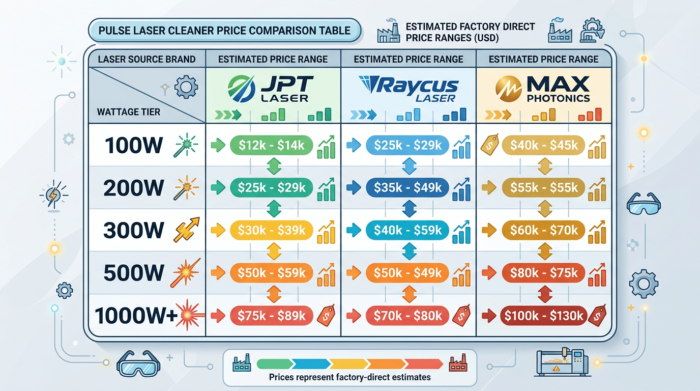 Pulse laser cleaner price comparison table by wattage and laser source brand for China factory direct buyers