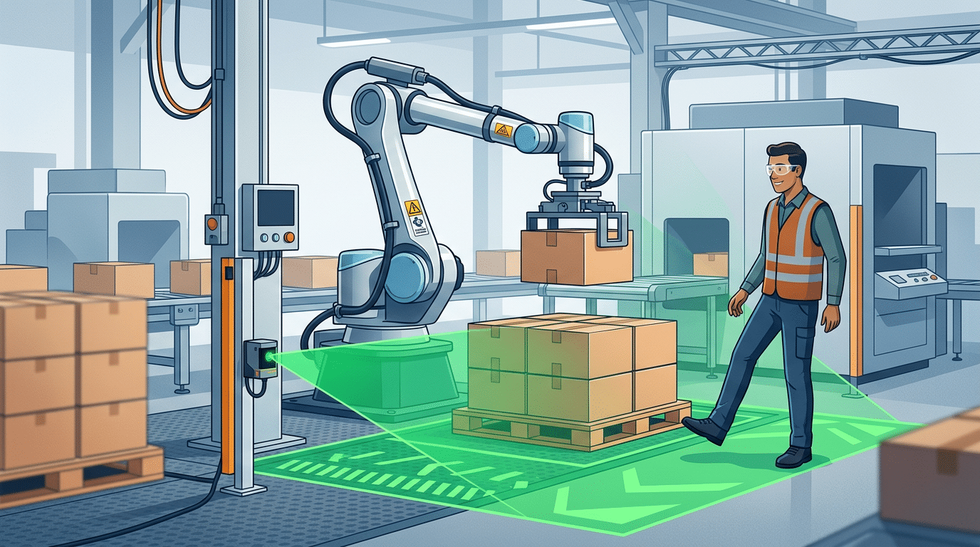 Safety-rated monitored stop cobot pausing during palletizing as operator enters workspace