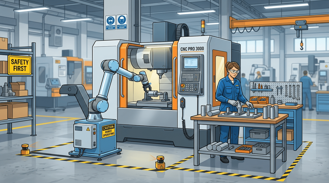 Power and force limiting cobot tending a CNC machine alongside a human operator