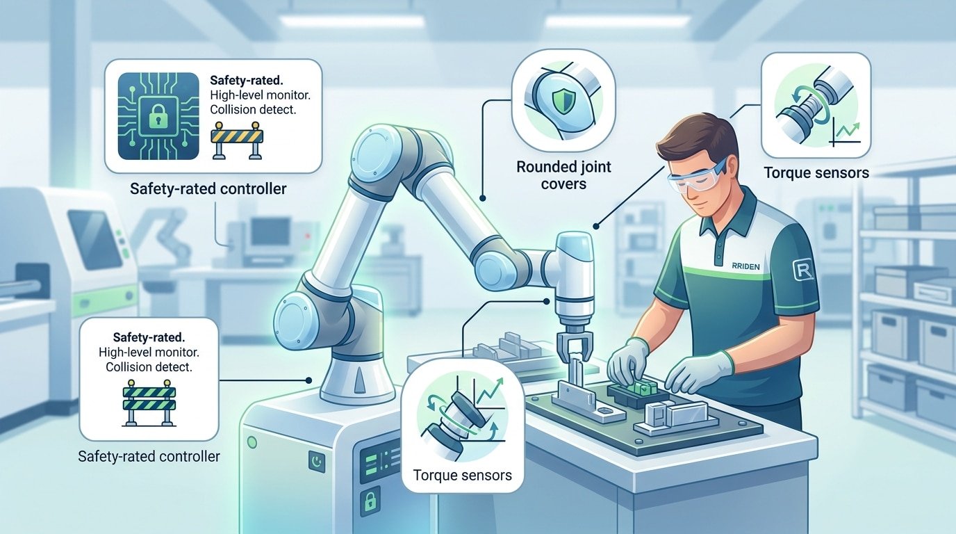 types of cobots overview showing cobot safety features next to human worker