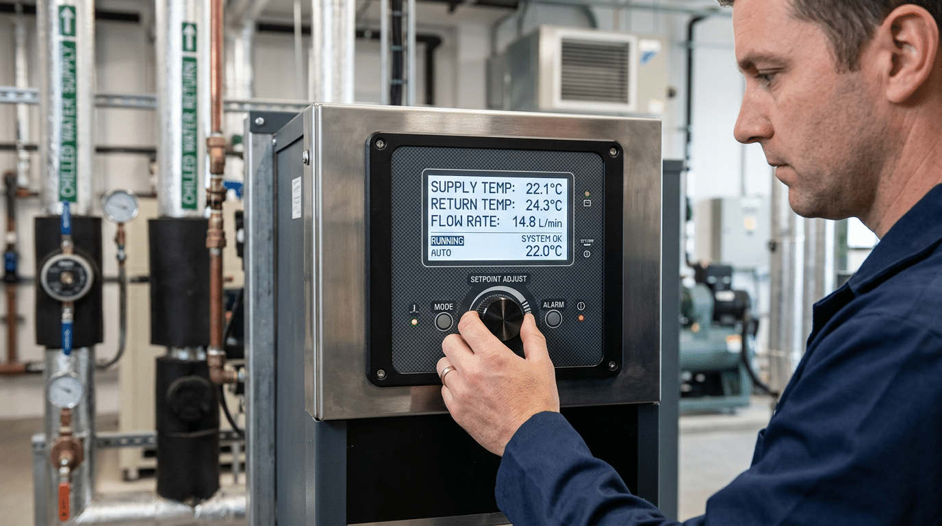Chiller display showing coolant temperature and flow rate for CW water-cooled laser cleaner maintenance