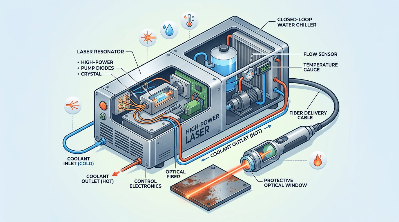 CW water-cooled laser cleaner system diagram showing chiller integration and maintenance checkpoints
