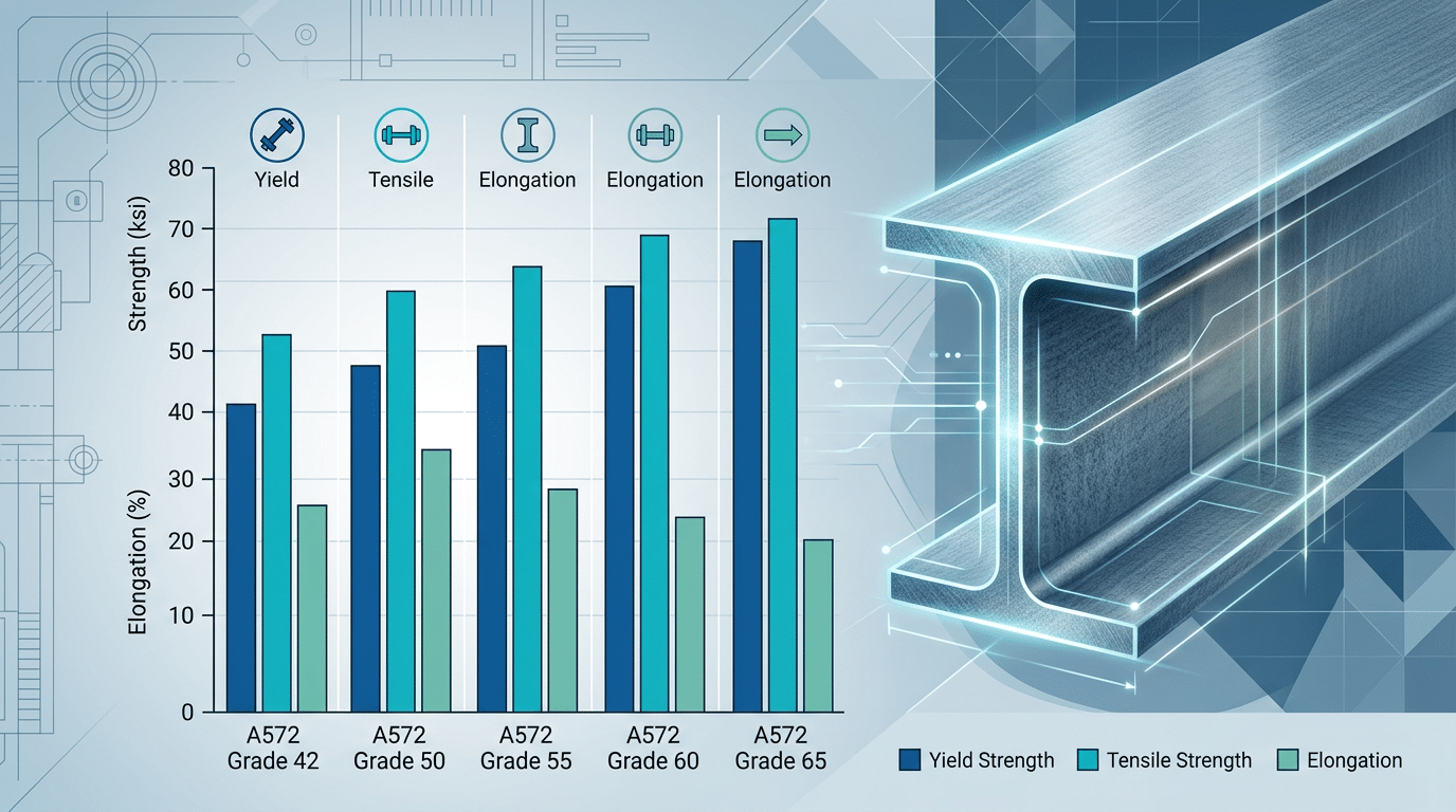 A572 carbon steel mechanical properties comparison chart for Grades 42 50 55 60 65