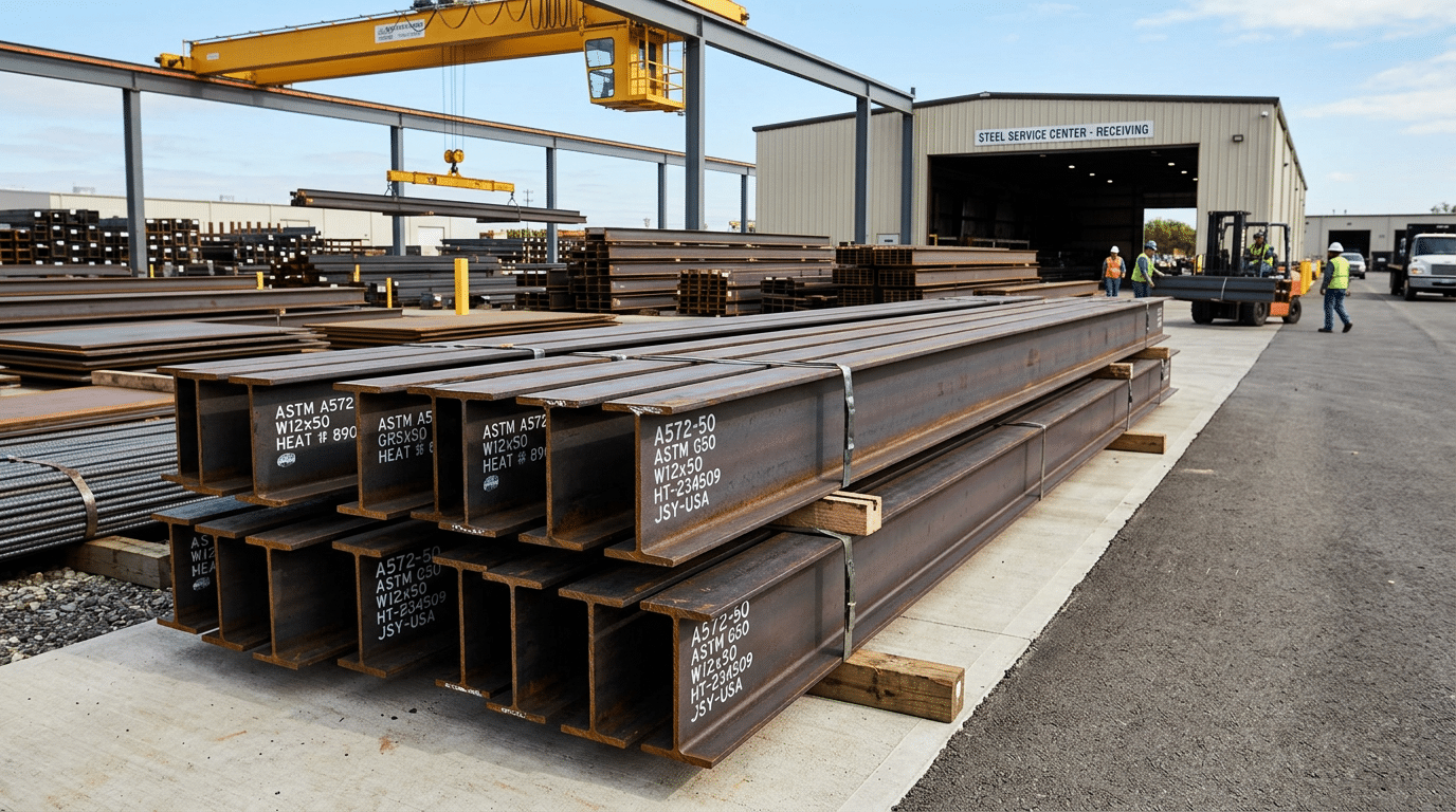 A572 carbon steel Grade 50 wide-flange structural beams with ASTM mill markings
