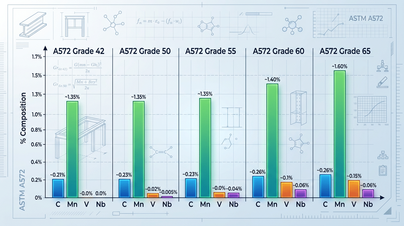 A572 carbon steel chemical composition comparison chart across Grades 42 through 65