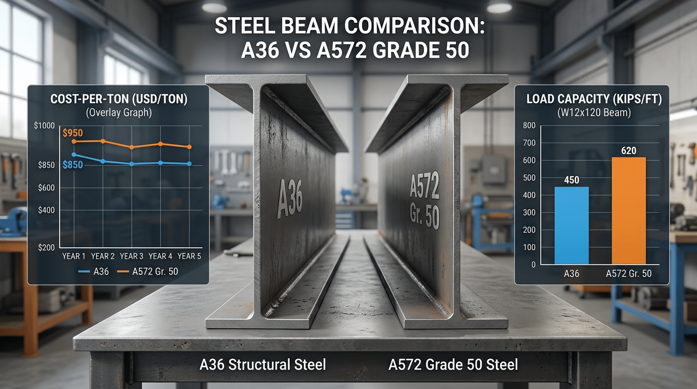 A572 carbon steel Grade 50 versus A36 cost and strength comparison