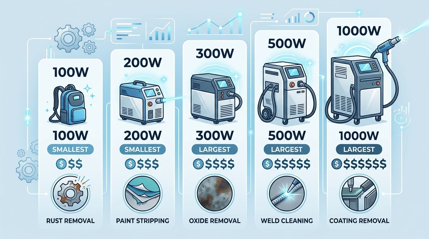 pulse laser cleaner cost comparison chart showing 100W to 1000W price ranges in 2026