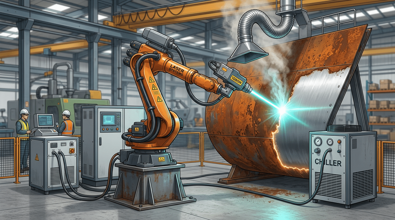 1000W pulse laser cleaner system with robotic arm removing rust in industrial shipyard setting