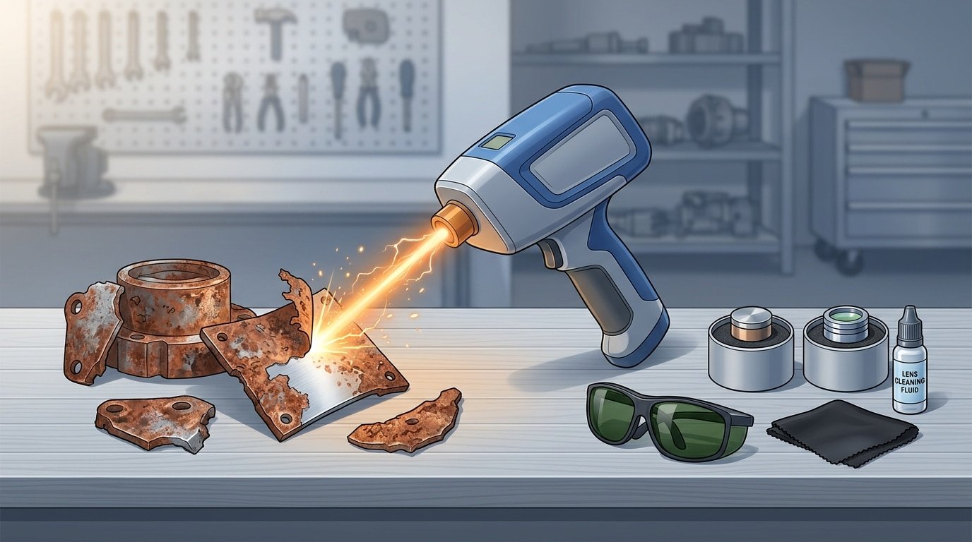 entry-level 100W pulse laser cleaner removing rust from aluminum parts on workbench with accessories