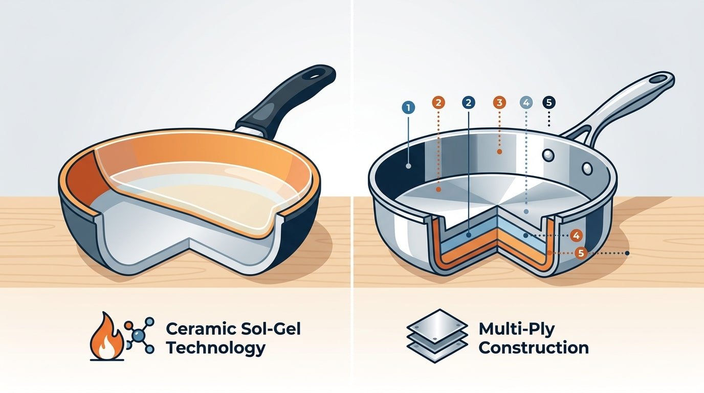 Ceramic vs stainless steel cookware construction cross-section showing sol-gel coating and multi-ply cladding