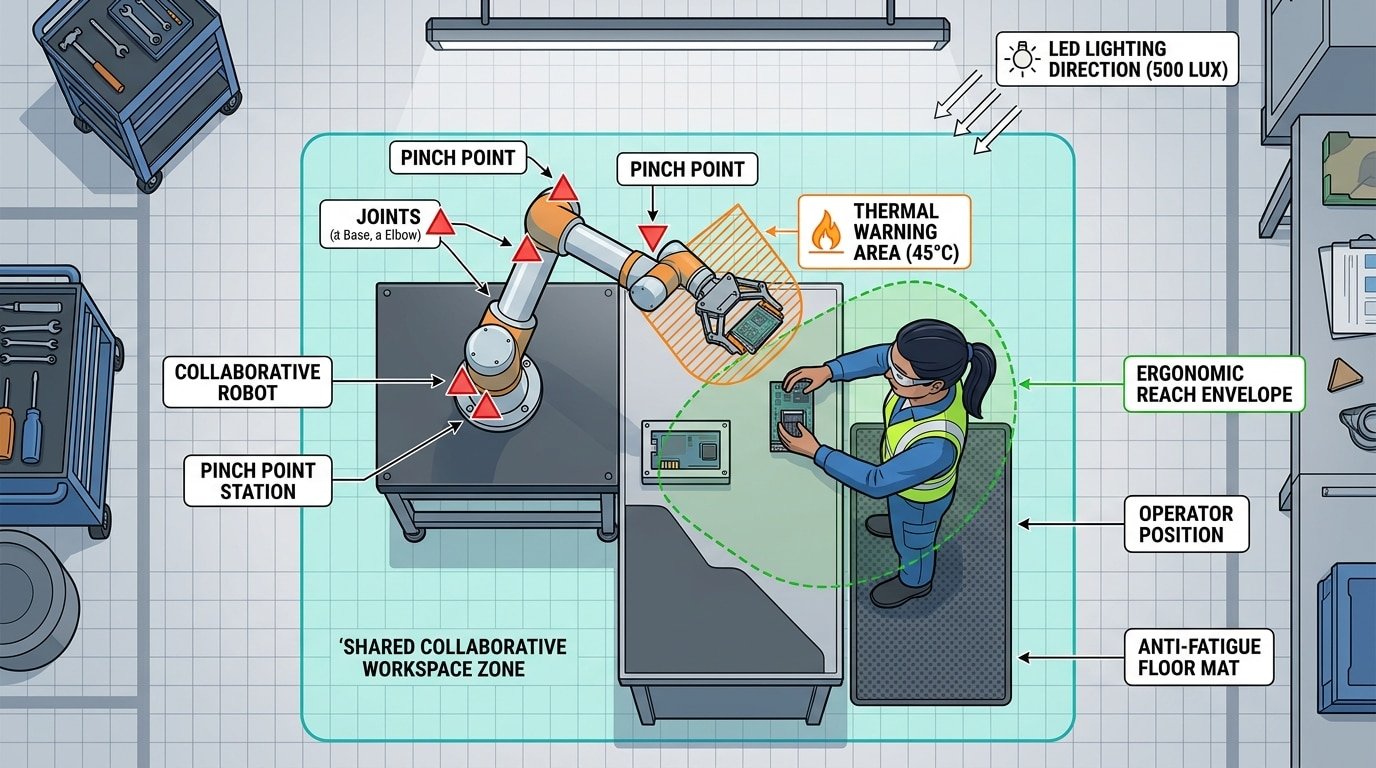 Cobot risk assessment checklist hazard identification diagram showing pinch points, thermal zones, and ergonomic reach areas in a collaborative workspace