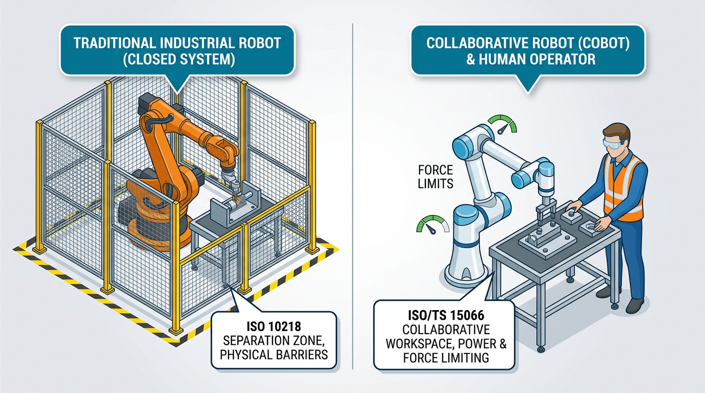 Cobot risk assessment difference — traditional caged robot versus collaborative robot sharing workspace under ISO/TS 15066 force limits