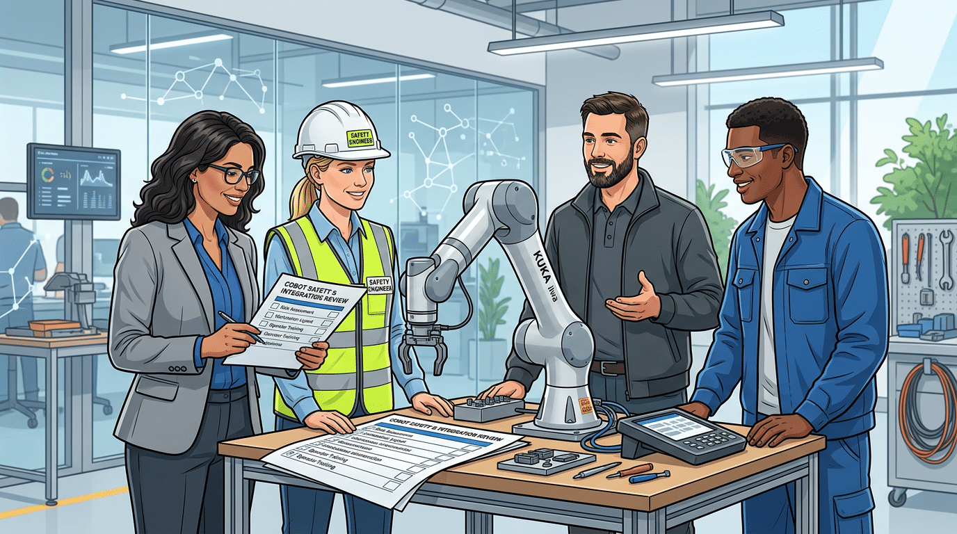 Cross-functional team conducting a cobot risk assessment checklist review at a collaborative robot workstation