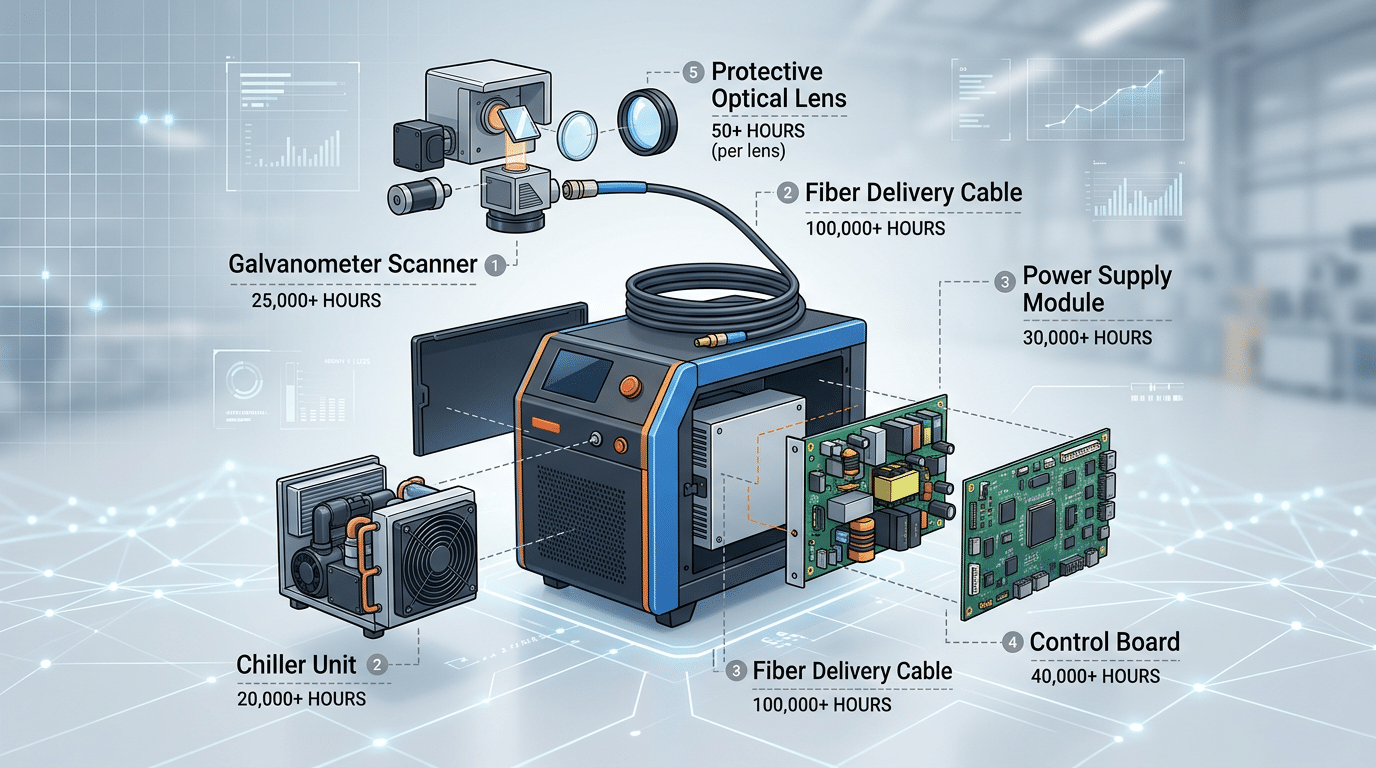 laser cleaning machine internal components lifespan diagram showing galvo scanner chiller optics and power supply