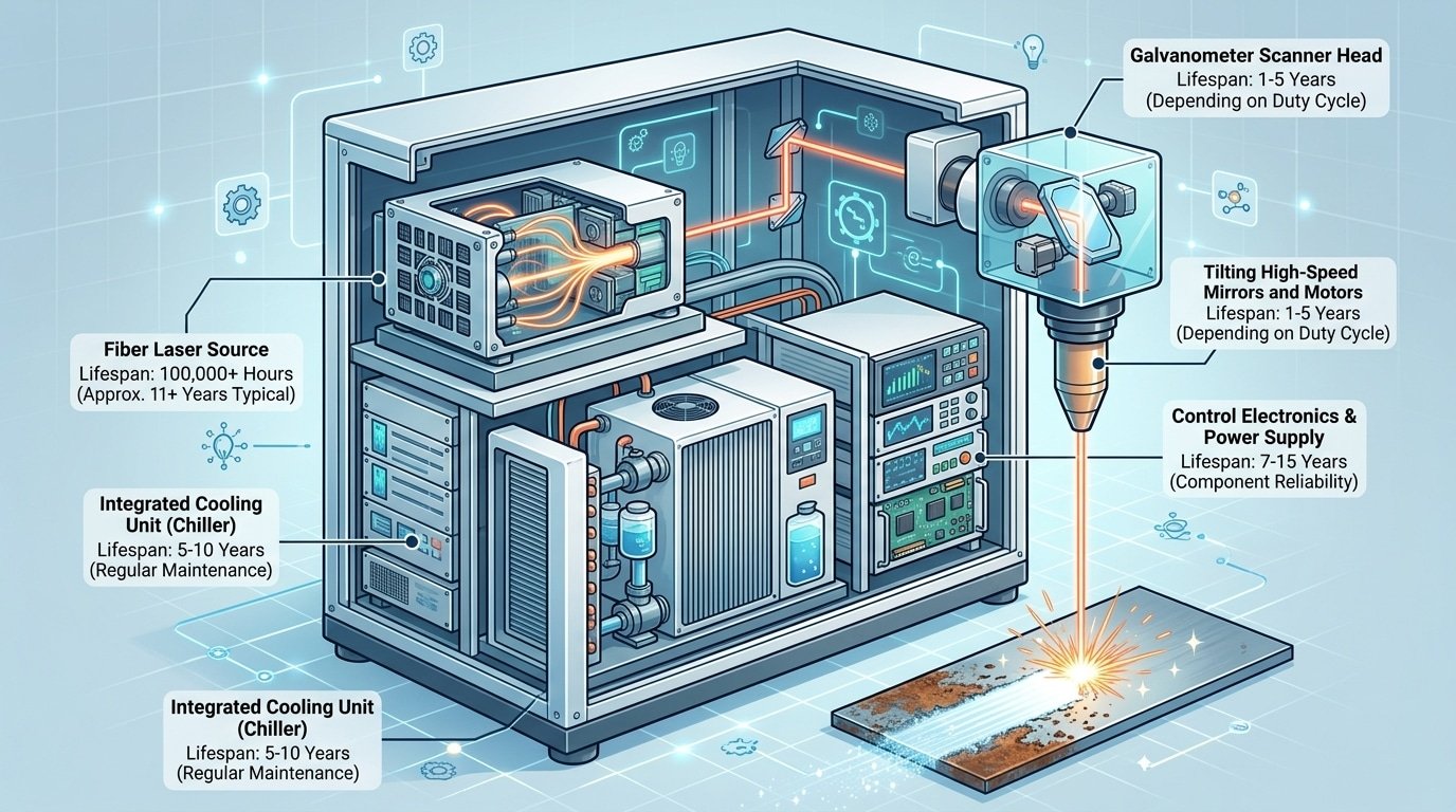Laser cleaning machine lifespan breakdown showing rated hours for laser source, scanner, and cooling system components