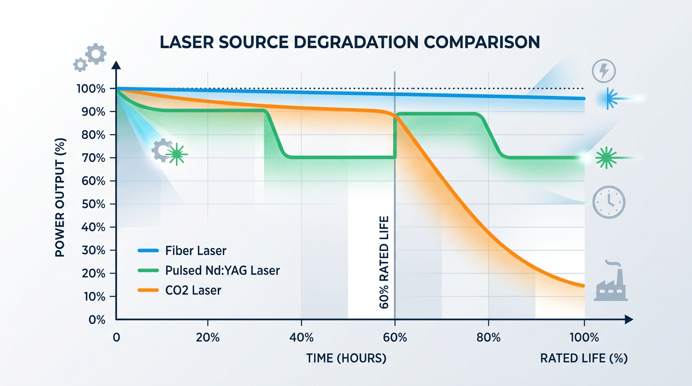 Fiber vs pulsed vs CO2 laser cleaning machine lifespan degradation curve comparison