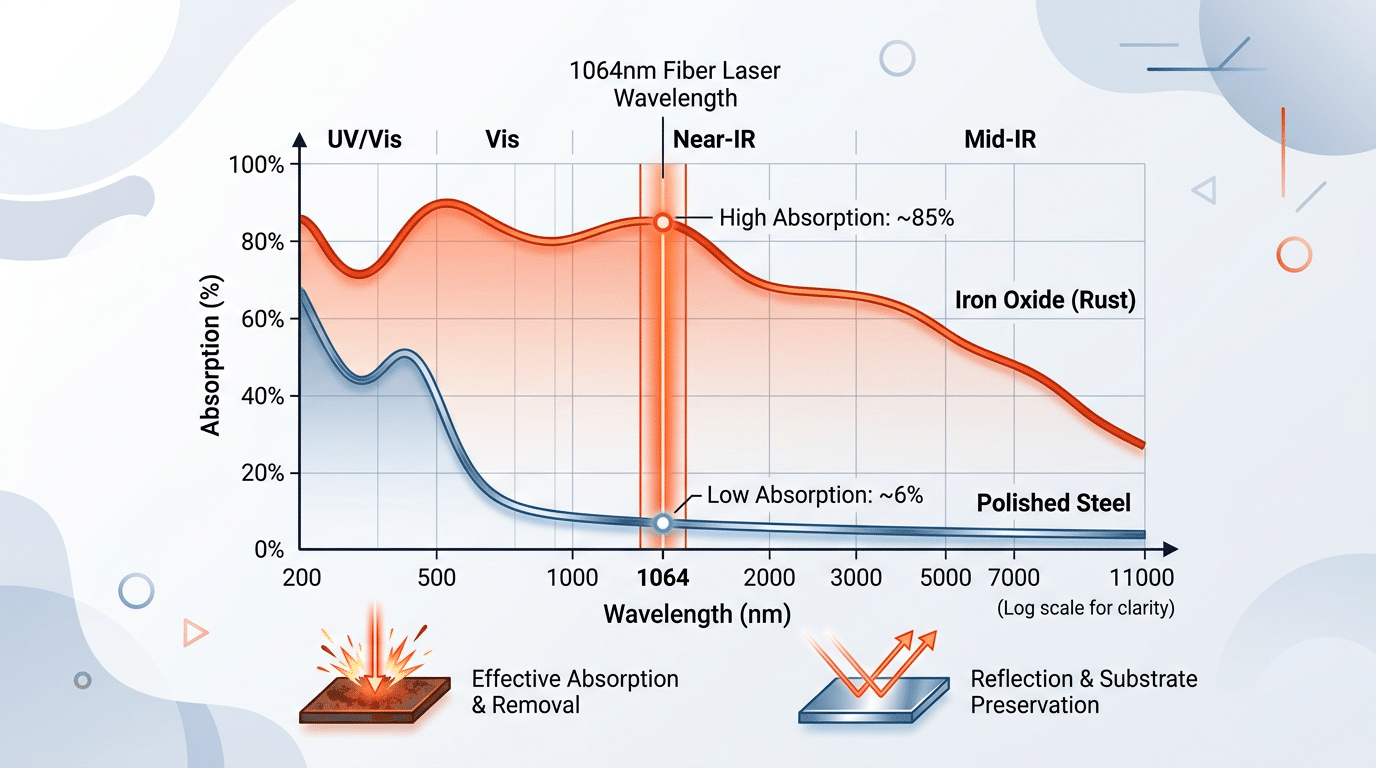 Absorption spectrum chart comparing rust and steel at 1064nm fiber laser cleaner wavelength