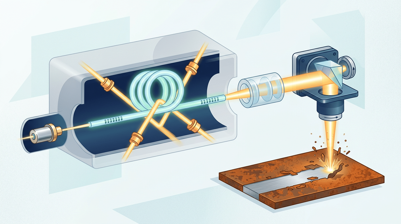 Fiber laser cleaner architecture diagram showing MOPA seed diode, ytterbium-doped fiber amplifier, and galvo scanning head for surface cleaning
