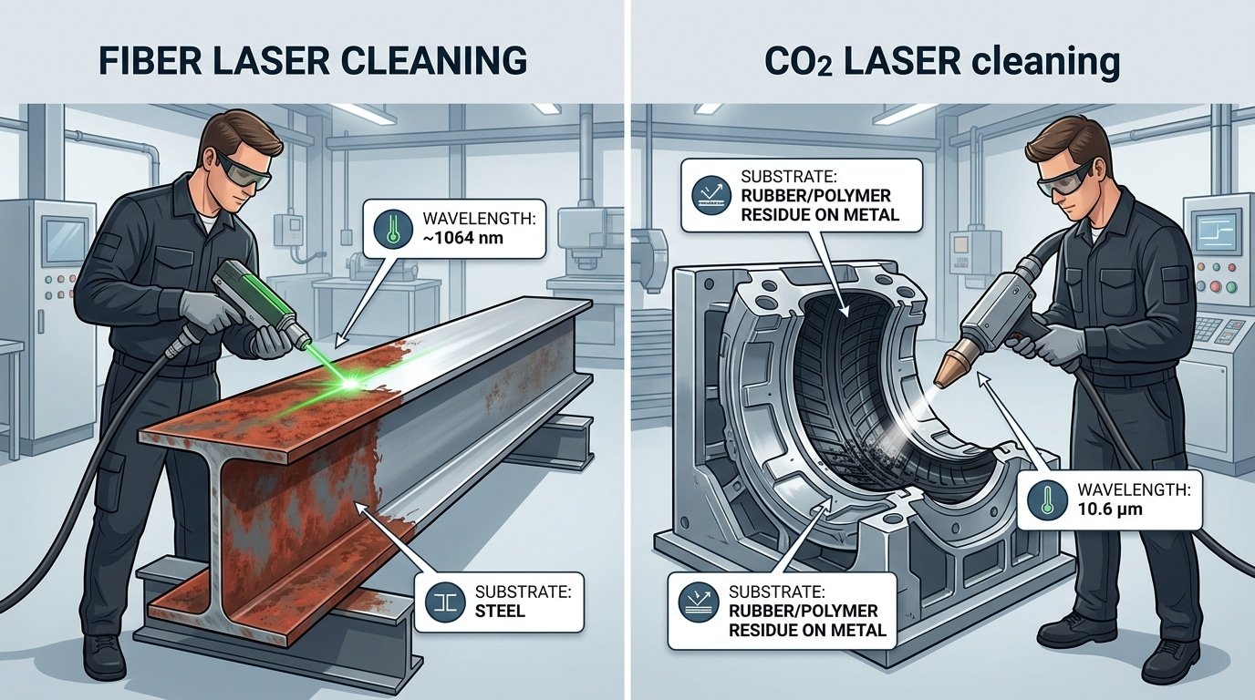 Fiber laser cleaner removing rust from steel vs CO2 laser cleaner removing rubber from mold — material compatibility comparison