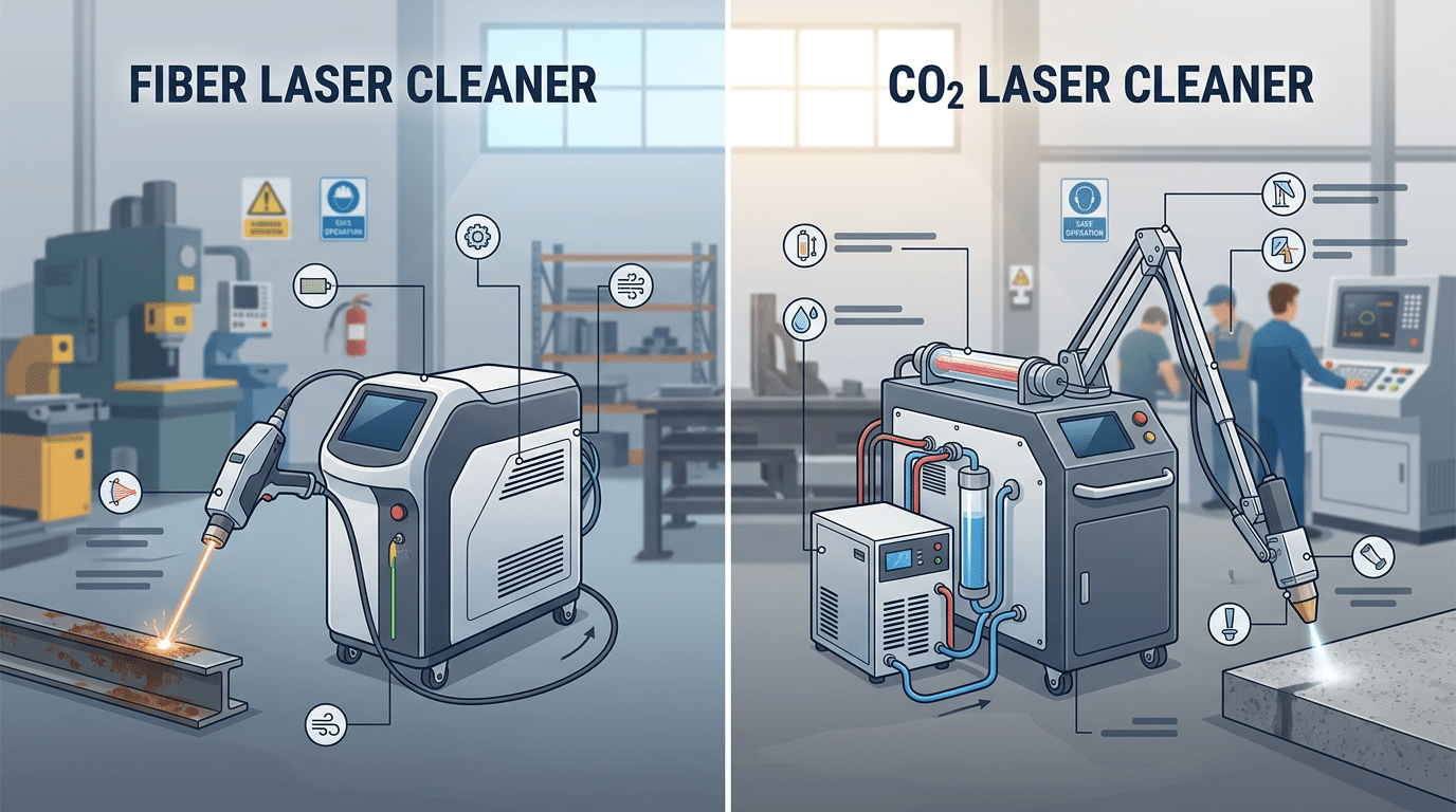 fiber laser cleaner vs CO2 laser cleaner difference comparison infographic showing key components and specifications