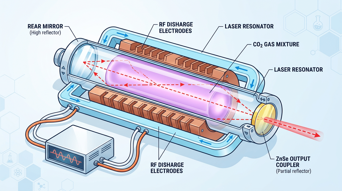 CO2 laser tube architecture diagram showing gas mixture resonator mirrors and beam alignment for CO2 laser cleaner