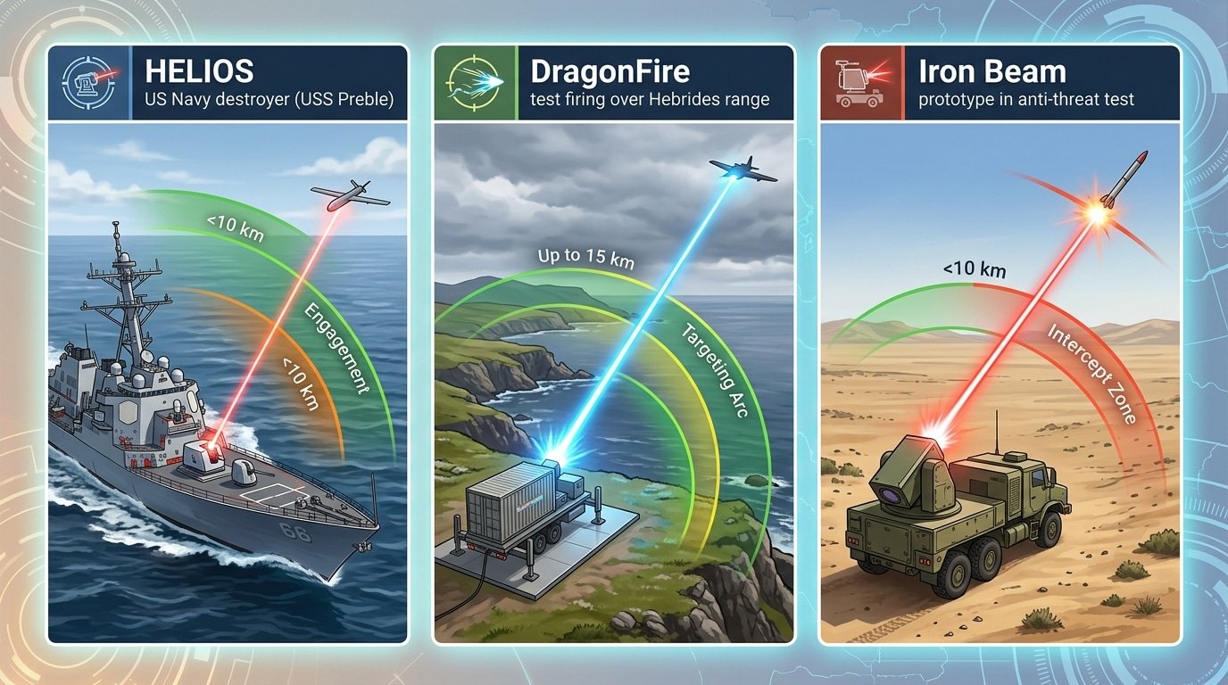 effective range of laser anti drone weapons compared across HELIOS DragonFire Iron Beam fielded systems