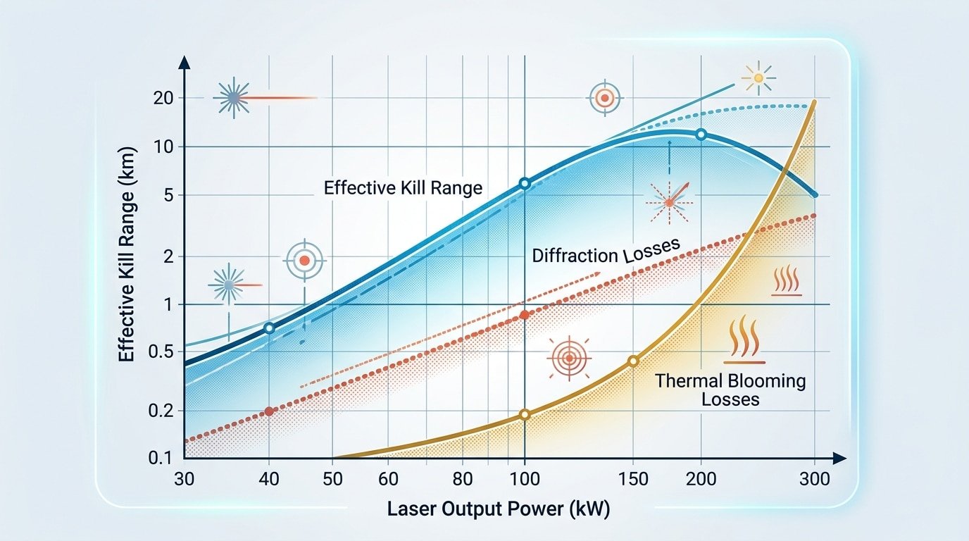 Effective range of laser anti drone weapons plotted against power class showing non-linear scaling